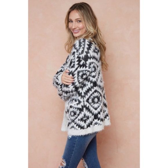 SOLD OUT Ivory & Black Fuzzy Soft Eyelash Aztec Tribal Button Up Knit Cardigan - Picture 8 of 9